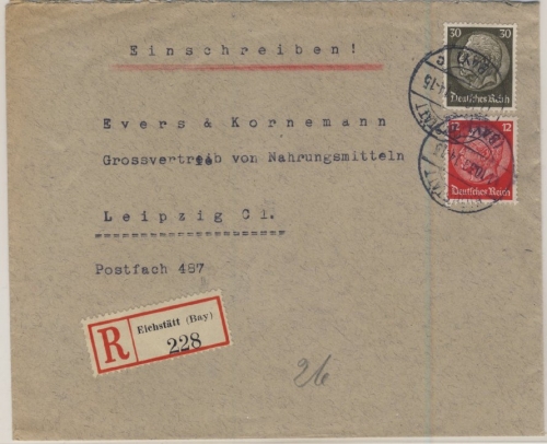 DR - 30+12 Pfg. Hindenburg, Einschreibebrief Eichstätt - Leipzig 1939