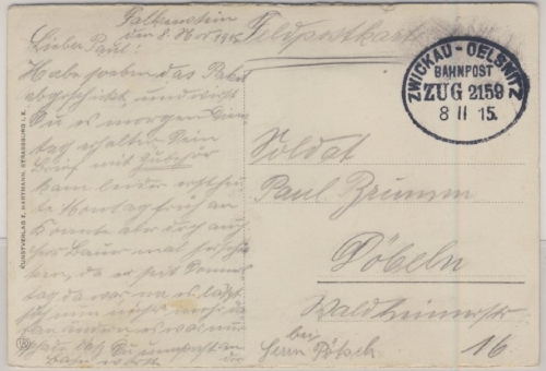 DR - Bahnpost Zwickau - Oelsnitz, Zug 2159, Feldpostkarte Falkenstein - Döbeln