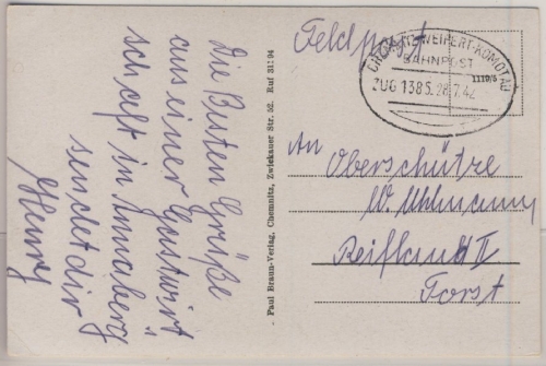 DR - Bahnpost Chemnitz-Weipert-Komotau, Zug 1385 Feldpostkarte Annaberg 1942 n.
