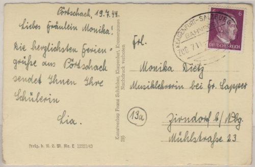 DR - Bahnpost Klagenfurt-Salzburg, Zug 711, Karte Pörtschach - Zirndorf 1944