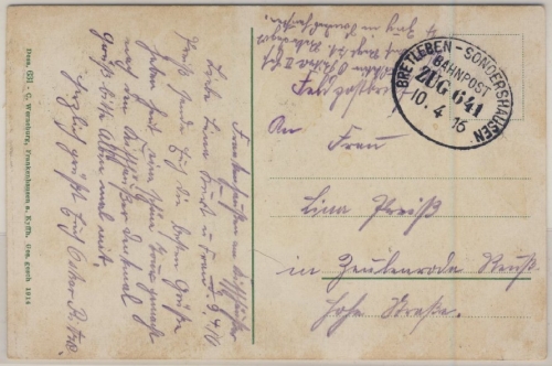 DR - Bahnpost Bretleben-Sondershausen, Zug 641, Feldpostkarte Frankenhausen -