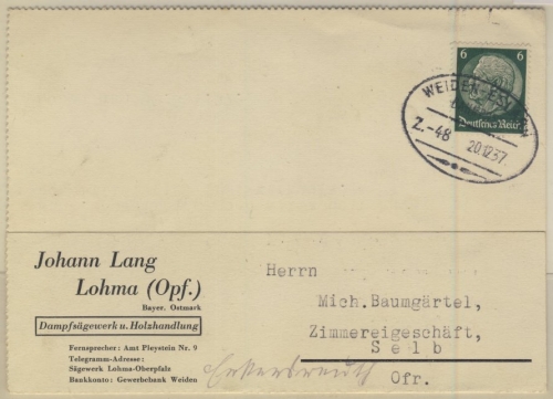 DR - Bahnpost Weiden-Eslarn, Zug 48 a. Firmenkarte Lohma - Selb 1937
