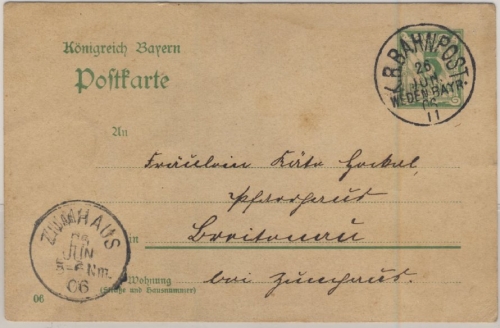 Bayern - Bahnpost Weiden-II-Bayreuth, 5 Pfg. GA-Karte n. Zumhaus 1906
