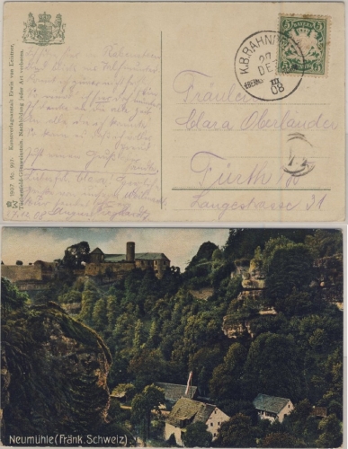 Bayern - Bahnpost Ebermannstadt-III-Forchheim, Karte Neumühle - Fürth 1908