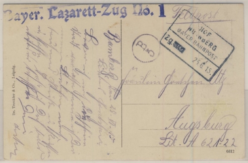 Bayern - Bahnpost Hof-Nürnberg, ohne Zug-Nr., L1 Bayer. Lazarett-Zug No.1 1915