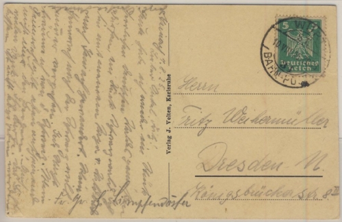 DR - Württ. bahnpost 31, Zug 853, Karte Bad Teinach - Dresden 1925