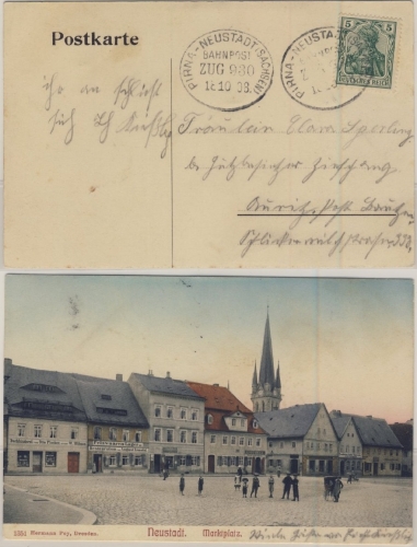 DR - Bahnpost Pirna-Neustadt(Sachsen), Zug 930, Karte Neustadt - Bautzen 1908