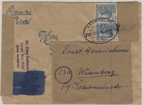 Kontrollrat - Bahnpost Köln-Olpe, Zug 1210, Brief Loope - Nürnberg 1948