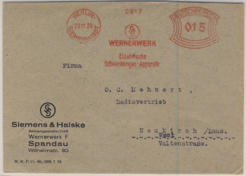 DR - 15 Pfg. AFS "Siemens Elektr. Schwerhörigen-Apparate", Brief Berlin-Siemens-