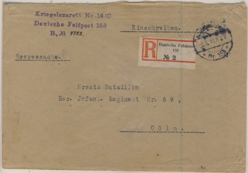 DR - Feldpost 1917 Kriegslazarett No.14/C Einschreibebrief Fp.Stat.Nr. 153 n.