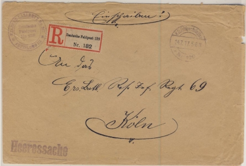 DR - Feldpost Kriegslazarett No.14/C Einschreibebrief Fp.Stat.Nr. 153 2.8.17 n.