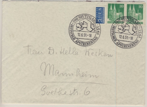 Bizone - Stuttgart Deutscher Apothekertag 1951 SST a. Brief n. Mannheim