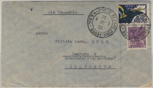 Brasilien - Zeppelinbrief (LZ127) Porto Alegre - Hamburg 1935, rs. Best.stpl.