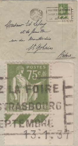 Frankreich - 75 C. Friedensallegorie Bogenecke Druckdatum Brief Strasbourg 1938