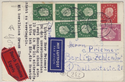 BRD - 5x10 Pfg. Heuss Medaillon u.a., Luftpost Eilkarte Neustadt (Holst.) 1960