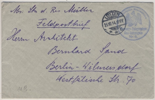 DR - Kgl. Preuss. Festungs-Telegraphen-Bau-Kompagnie Nr. 6 Feldpostbrief 1914