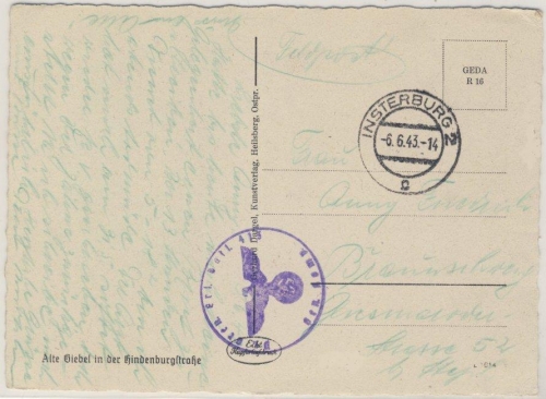 Feldpost 1943 - Pr. Gren.Ers.Btl.413, Briefstpl. a. Karte Insterburg 2 -