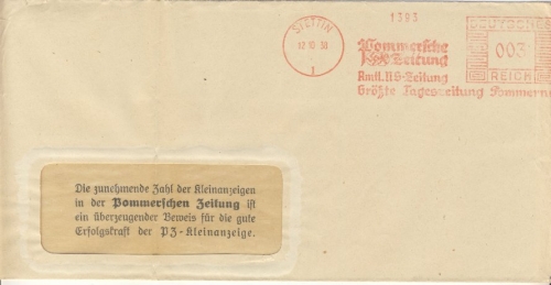 DR - 3 Pfg. AFS "Pommersche Tageszeitung", Drucksachenbrief Stettin 1938