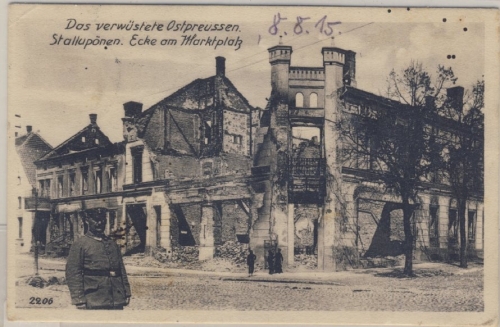 DR - Stallupönen, zerstörte Ecke am Marktplatz, sw-Ansicht/Feldpost n. Lübbecke