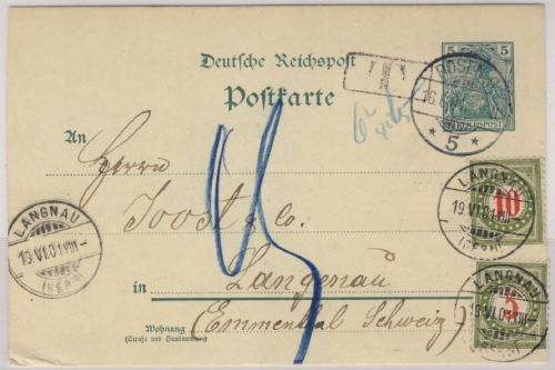 DR - 5 Pfg. Germania/Reichspost Ganzsache i.d. SCHWEIZ Nachporto Posen 5 - 1901
