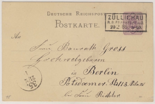 DR - Züllichau R.B. Frankfurt a.O. 1886, Ra3 a. 5 Pfg. GA-Karte n. Berlin