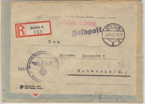 DR - Stettin 4 Feldpost Einschreibebrief n. Schwerin - Wehrkreisauskunftsstelle
