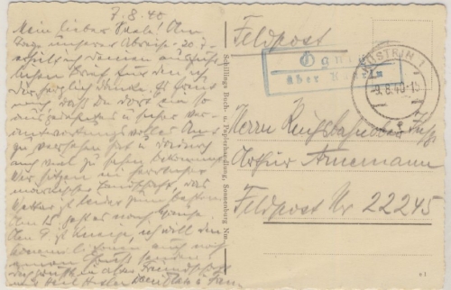 DR - Ögnitz über Küstrin Landpost-Ra2 Feldpostkarte an Fp.Nr. 22245 1940