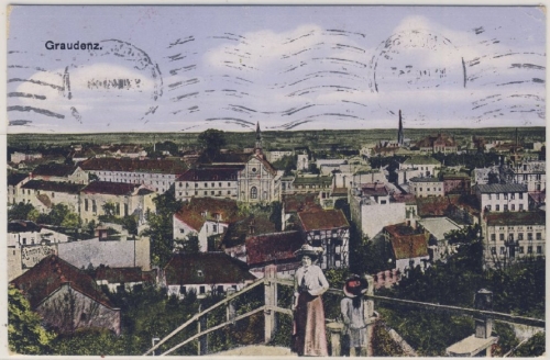 Pommern - Graudenz Gesamtansicht Farb-AK gelaufen v. Bromberg n. SCHWEDEN 1940