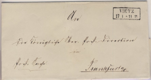 Preussen - Vietz (1861), Ra2 a. Postsache n. Frankfurt/Oder - mit Inhalt: