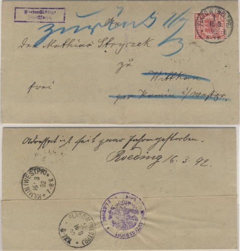 DR - 10 Pfg. Krone/Adler, Dienstbrief/Retourvermerk Flatow - Wiikau 1892
