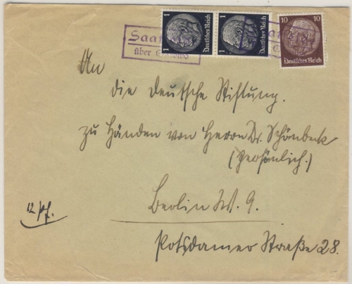 DR - Saalfeld über Ostrowo, Landpost-Ra2 a. Brief n. Berlin - undatiert ca. 1940