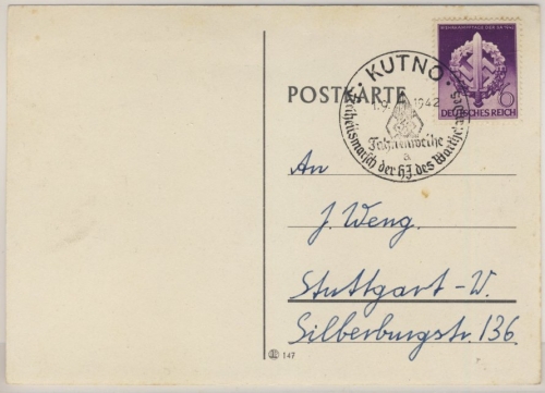 DR - Kutno Fahnenweihe 1942, seltener SST a. Karte n. Stuttgart - ohne Text