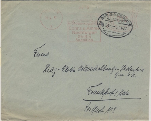 DR - 12 Pfg. AFS Chors & Amme, Spedition - Brief Stettin - Frankfurt/M. 1927