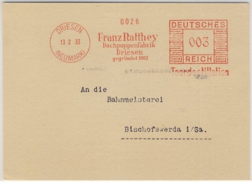DR - 3 Pfg. AFS Franz Ratthey Dachpappenfabrik Drucksachenkarte Driesen 1933