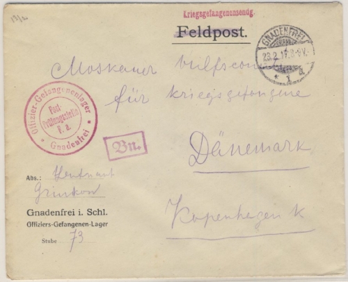 DR - Gnadenfrei Schlesien 1917 Kriegsgefangenenbrief n. DÄNEMARK - Lagerzensur