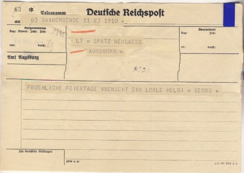 DR - Telegramm v. Swinemünde n. Augsburg 1942