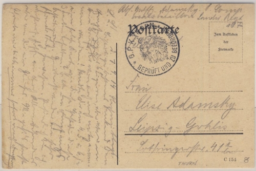DR - G.P.K. Thorn Geprüft und zu befördern, Zensurstempel Feldpostkarte 1914 n.