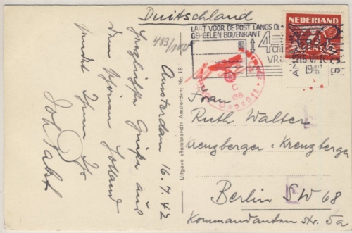 Niederlande - 7 1/2 C. Taube Zensurkarte n. DEUTSCHLAND Amsterdam - Berlin 1942