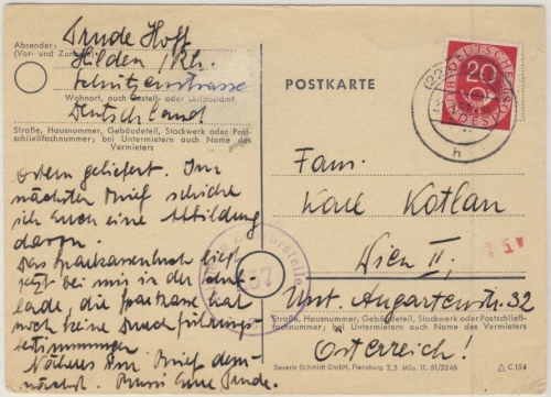 BRD - 20 Pfg. Postkorn Zensurkarte n. ÖSTERREICH Hilden - Wien 1952