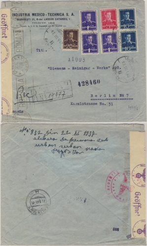 Rumänien - 2x16+3x1+20+5 L. König Michael Einschreibebrief Doppelzensur 1943