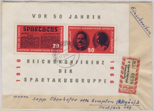 DDR - Blockausgabe Spartacus Einschreibebrief Spremberg 2 - Kempten 1966