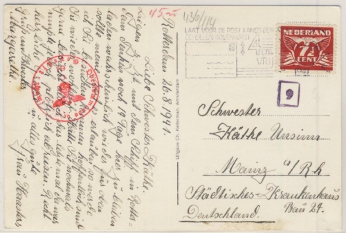 Niederlande - 7 1/2 C. Taube, Zensurkarte n. DEUTSCHLAND, Rotterdam - Mainz 1941