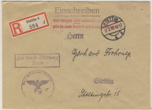 DR - Stettin 4 Frei d. Ablösung Ortsbrief Einschreiben 1939 - Wehrmeldeamt