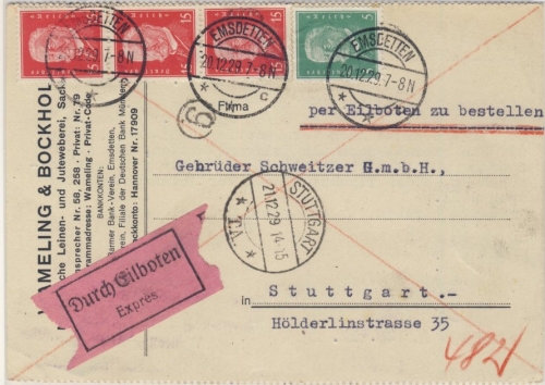 DR - 3x15+5 Pfg. Hindenburg Eilkarte Emsdetten - Stuttgart 1929