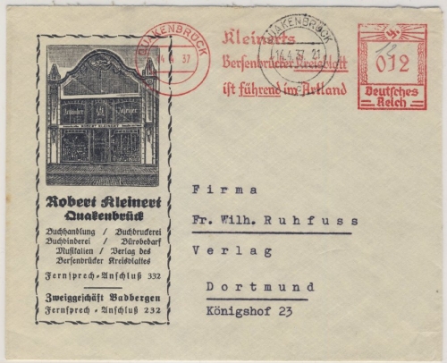 DR - 12 Pfg. AFS Bersenbrücker Kreisblatt illustr. Firmenkuvert Quakenbrück 1937