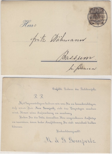 DR - 3 Pfg. Krone/Adler, Vertreter-Avis/Karte Crefeld 3 - Bassum 1897