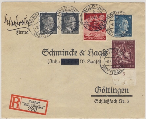 DR - Rosdorf ü. Göttingen Poststelle I Einschreibebrief n. Göttingen 1944