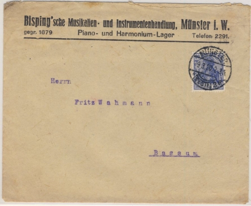 DR - 20 Pfg. Germania, Firmenkuvert Münster - Bassum 1920