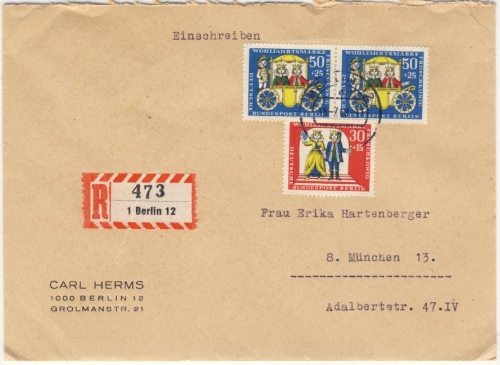 Berlin - 2x50+30 Pfg. Wofa, Einschreibebrief (2.Gew.st.) Berlin - München 1968