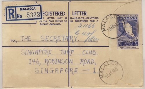 Malaya - 30 C. Einschreibe-GA-Umschlag, Malacca - Singapore 1960